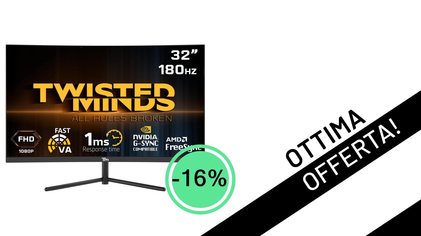 Offerta imperdibile: il Monitor da Gioco Twisted Minds 32'' Fast VA con 180Hz scende a soli 225,80€!