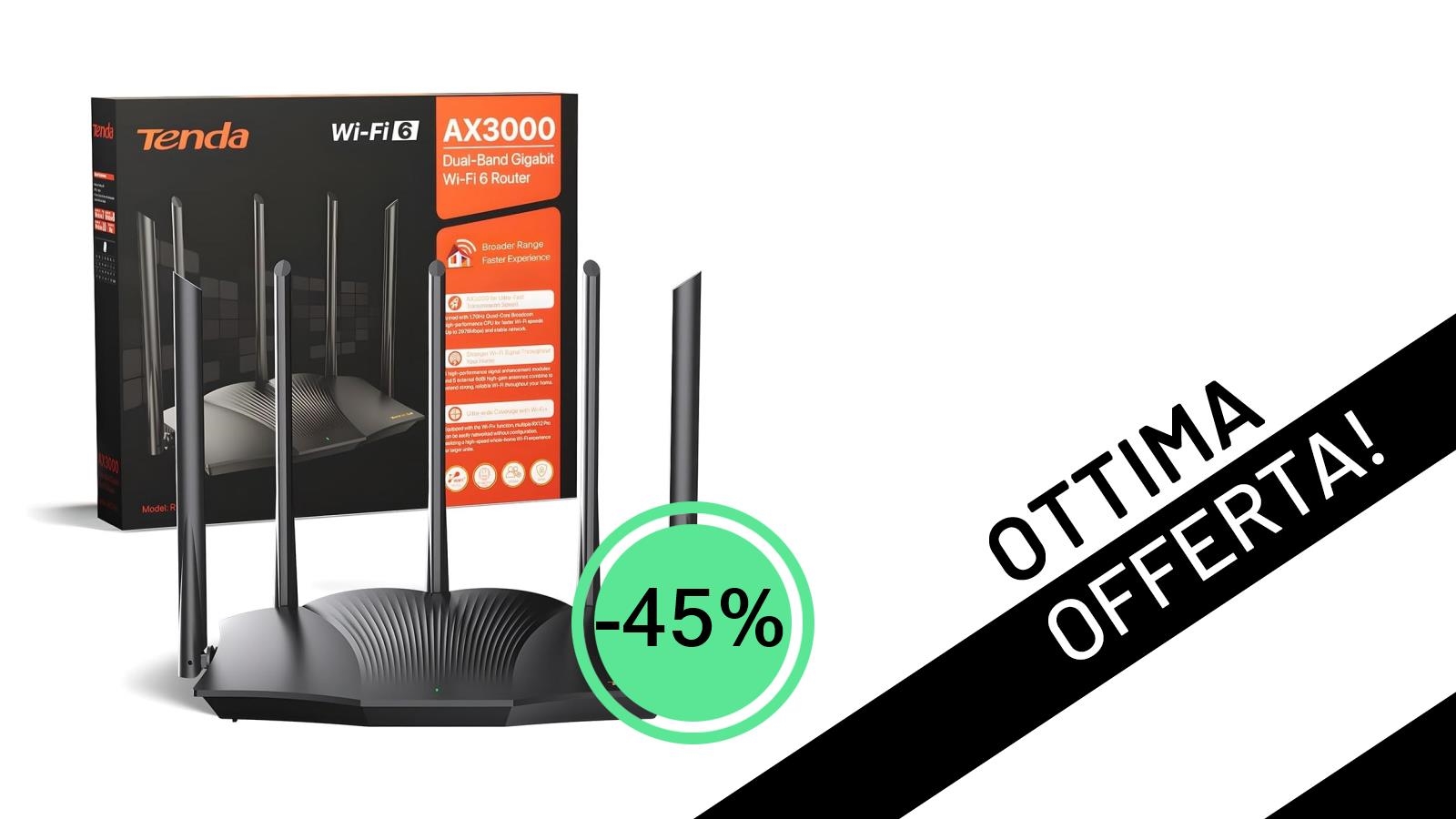 <strong>Tenda RX12 Pro Router WiFi 6 AX3000:</strong> l'offerta imperdibile con il <strong>-45% di sconto</strong> a soli <strong>34,99€</strong>!