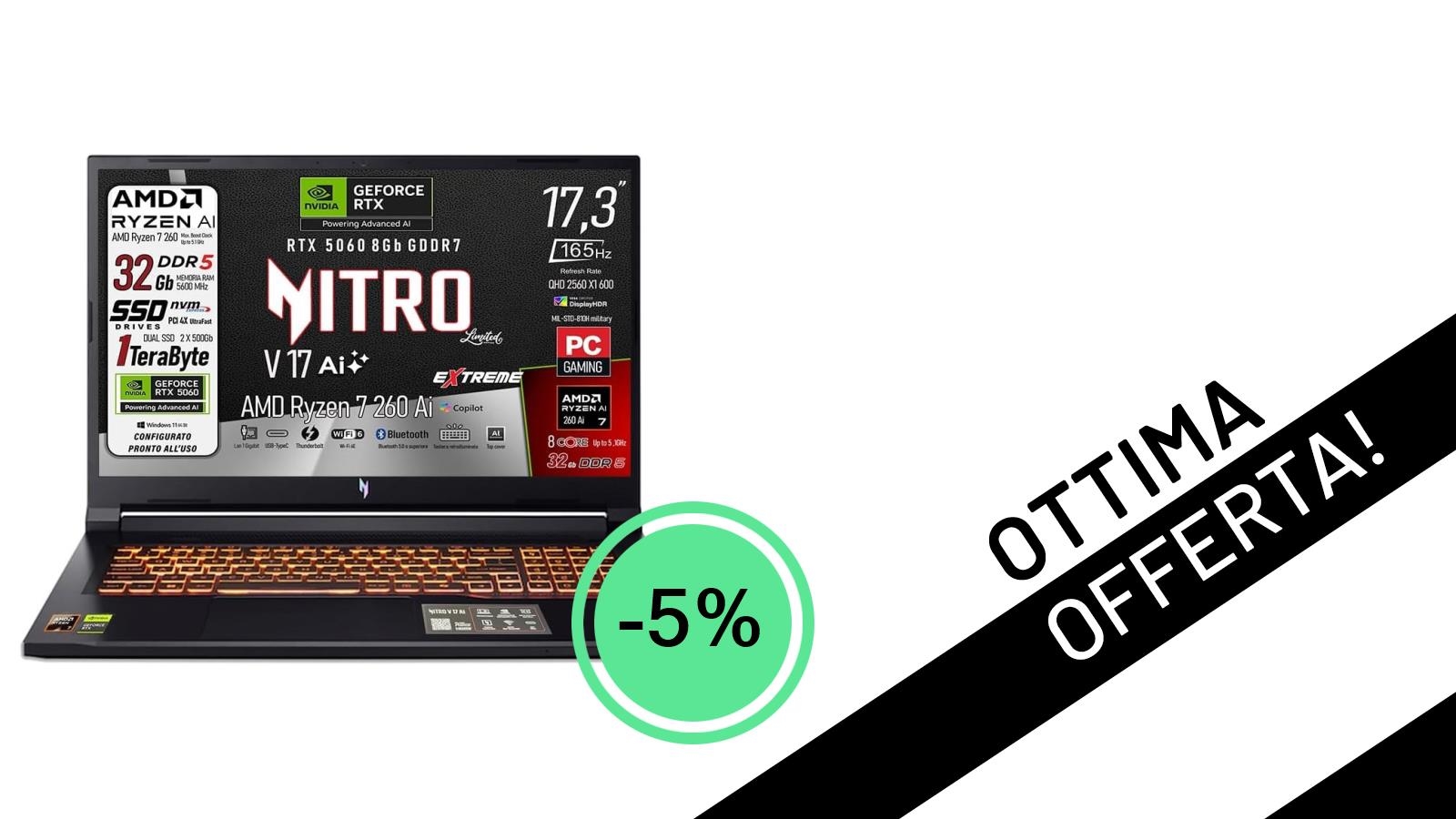 Acer Nitro V17 Ai: Il Notebook Gaming con RTX 5060 e 64GB RAM a un Prezzo Mai Visto!
